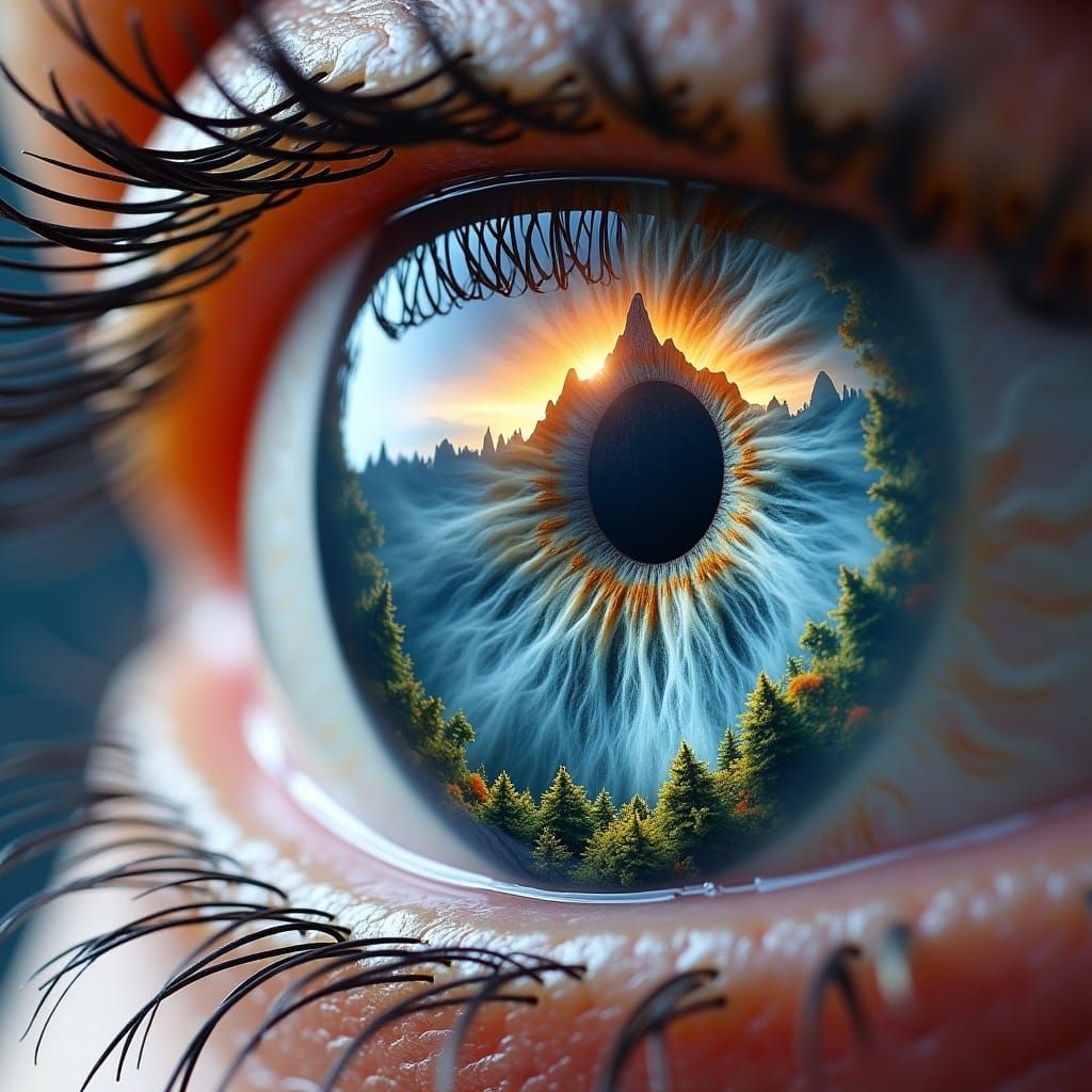 <lora:MJ6 EyeFlux:0.3> 
surreal mountain within the eye, within the eye is a forest in the style of surrealistic eye art, macro shot close u...