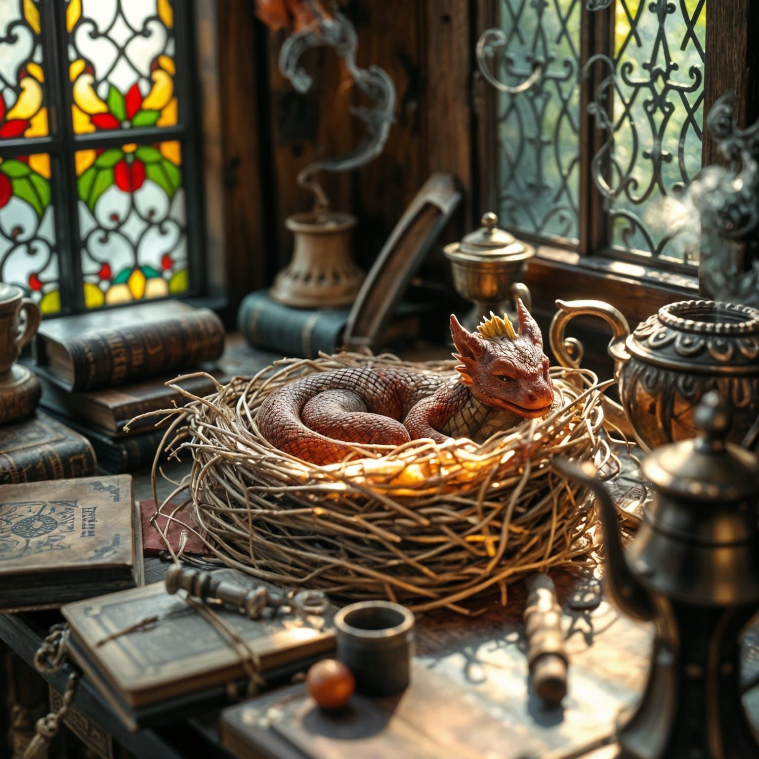 Tiny Red Dragon in a Nest  by @viisipuu