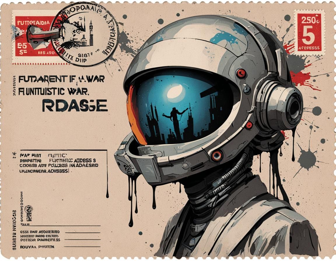 propaganda, anti-war, futuristic , 
 dystopian, underground graffiti post card art , ((((futuristic postage ...  by @Flustercluck