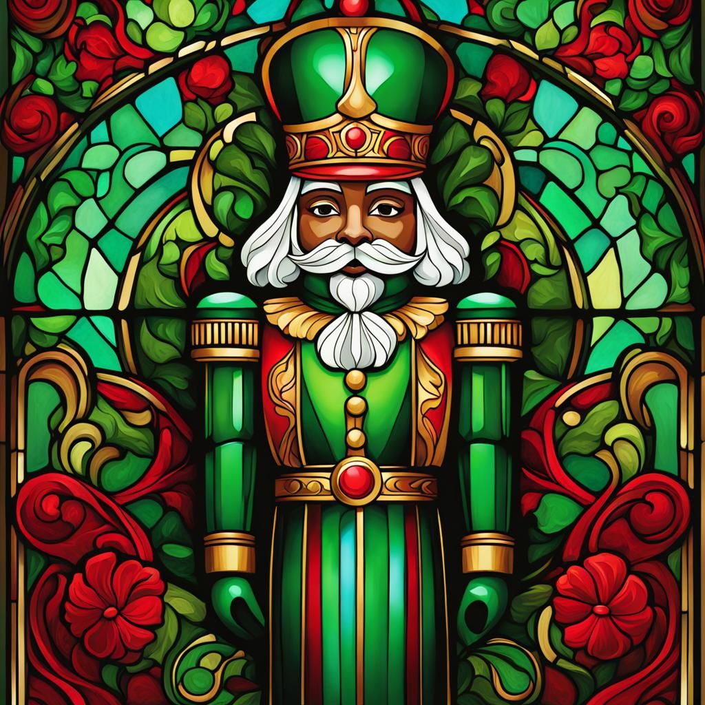 Stained Glass simple green and red African American, dark-sk...