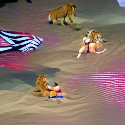 A lion and a tiger wrestling in wwe wearing bikinies