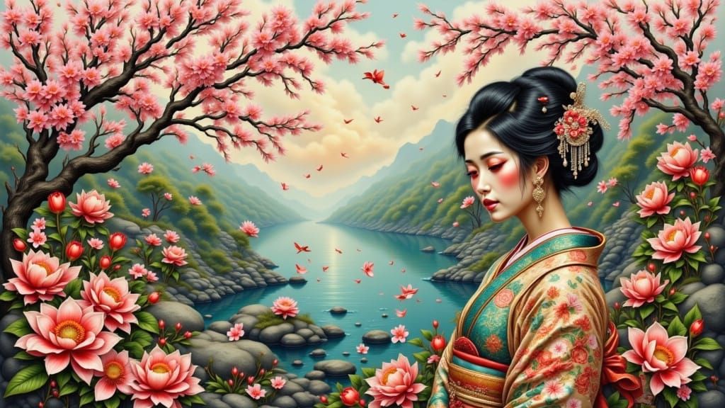 Woman in Patchwork Jewels Kimono Amidst Tropical Flowers