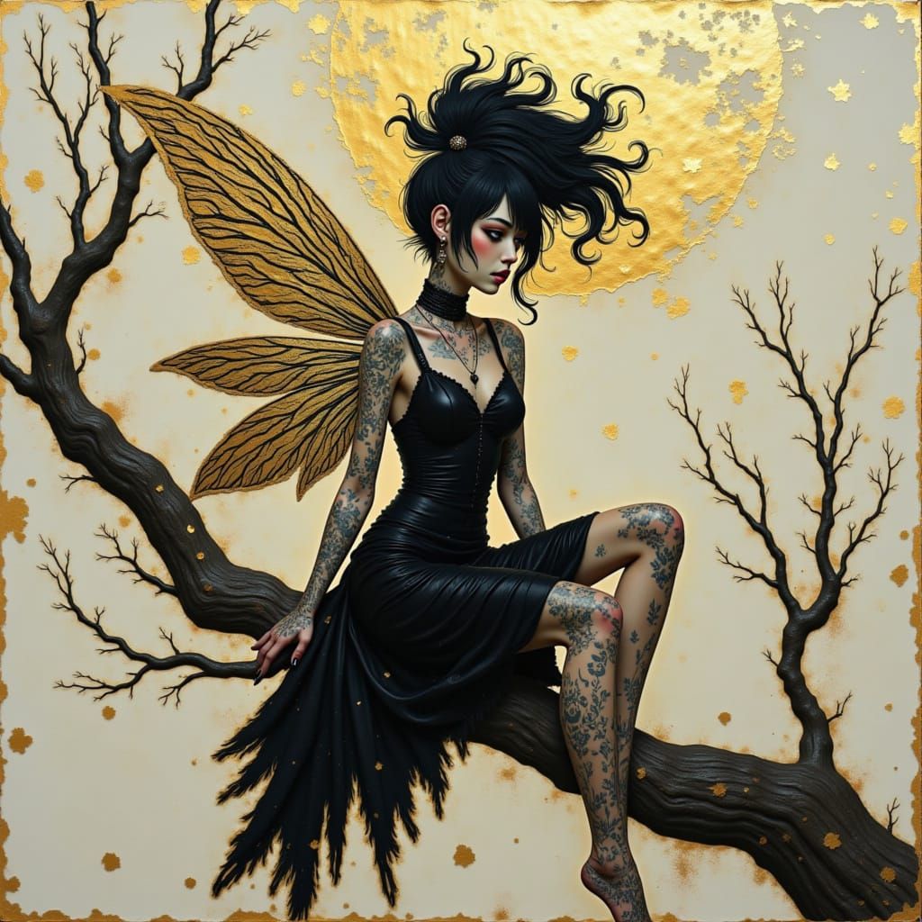 <lora:Gold Black flux:1.0> A rich, heavily textured impasto-style painting inspired by Gustav Klimt's Golden Period. painting of a female fa...