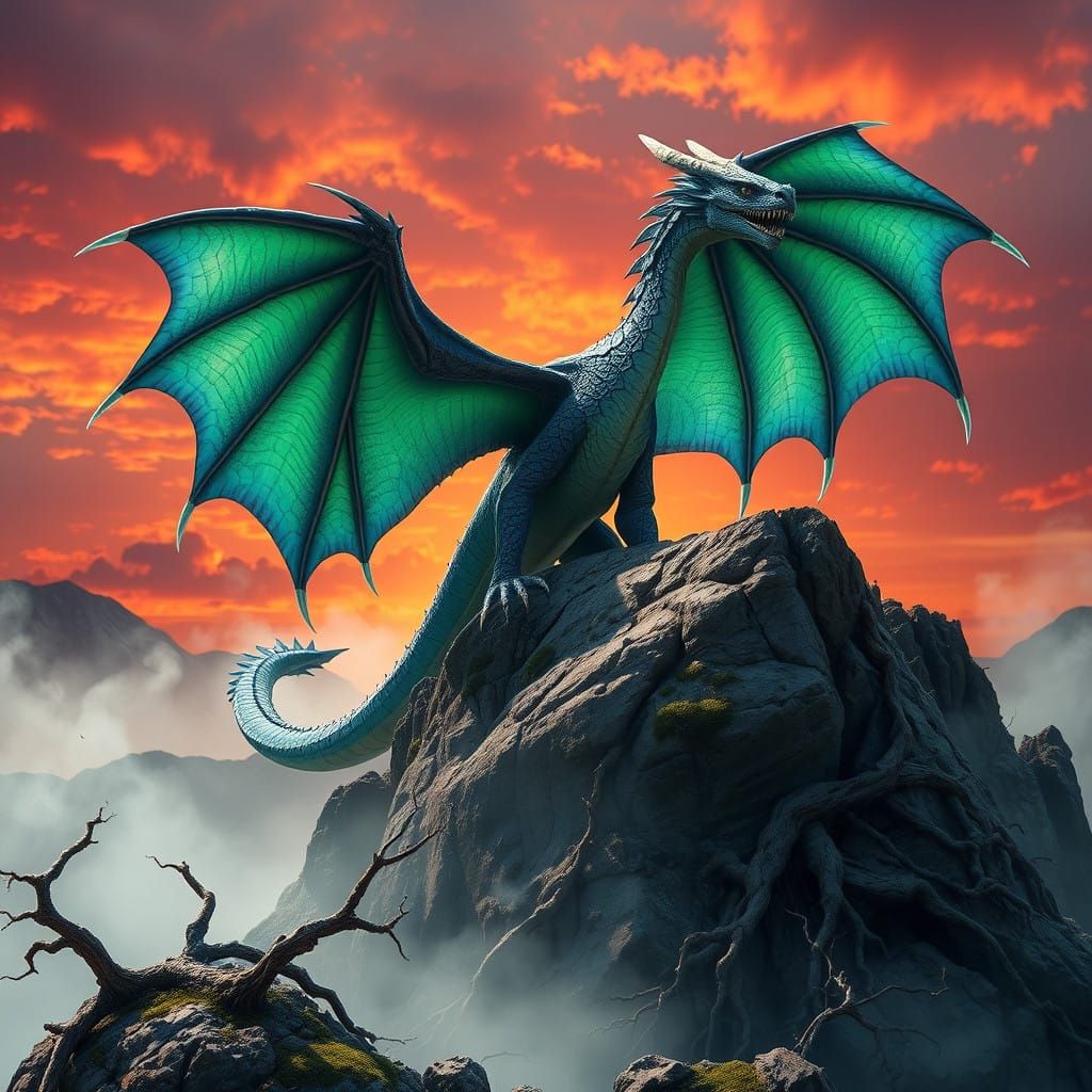 Majestic Dragon Soars Amidst Misty Mountains