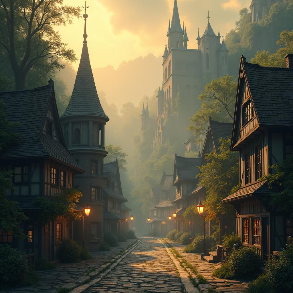 Steampunk Town with Gothic Architecture in Golden Light