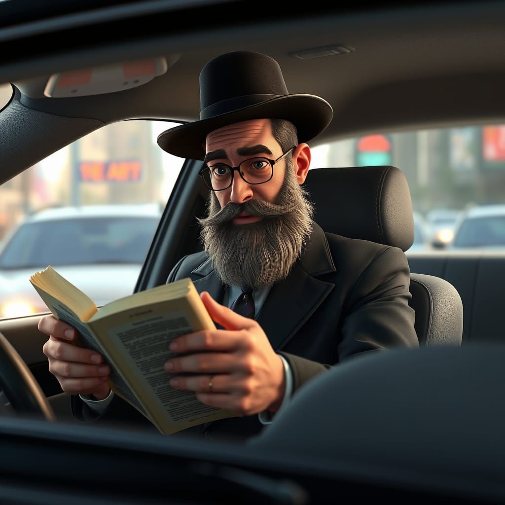 Hasidic Man Studies Torah in Traffic: 3D Render