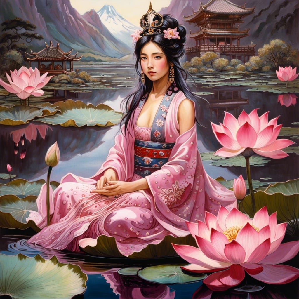 Ornate Japanese Princess on Lotus Pond