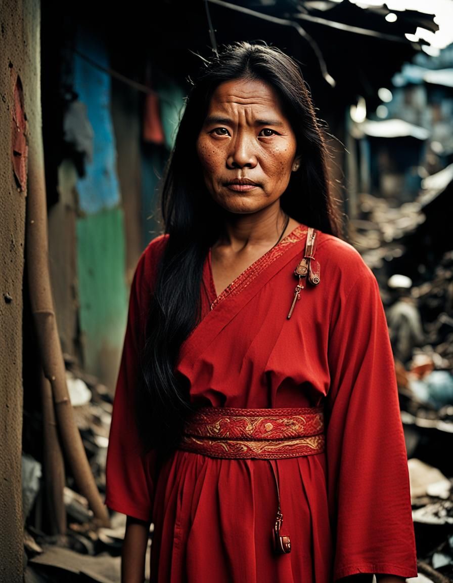 A beautiful Indonesian woman aged 30 years, slightly fat. long dark hair. perfect face. Wearing red dress and carrying a...