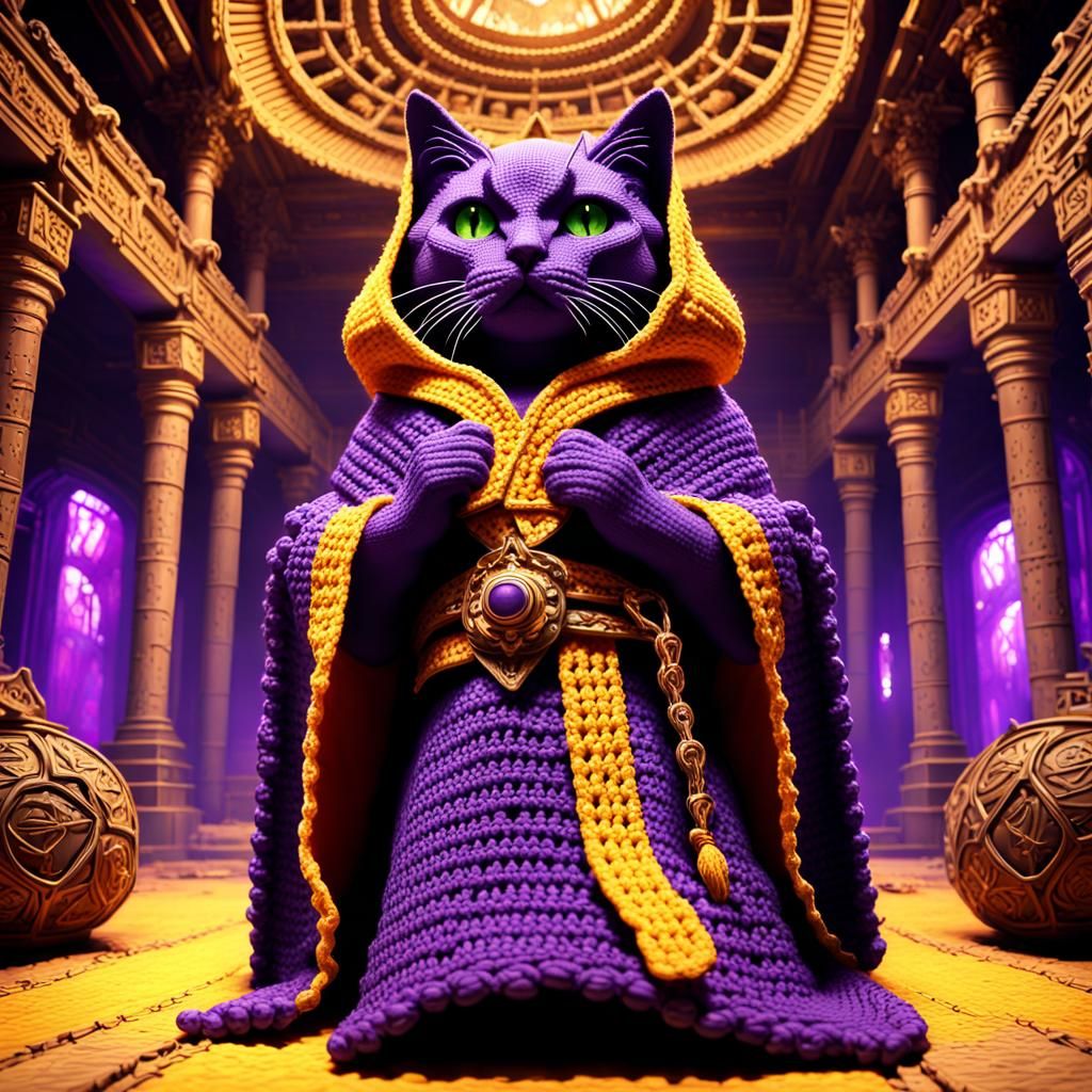 Temple of doom made from crochet with hooded cat clerics  by @BADS