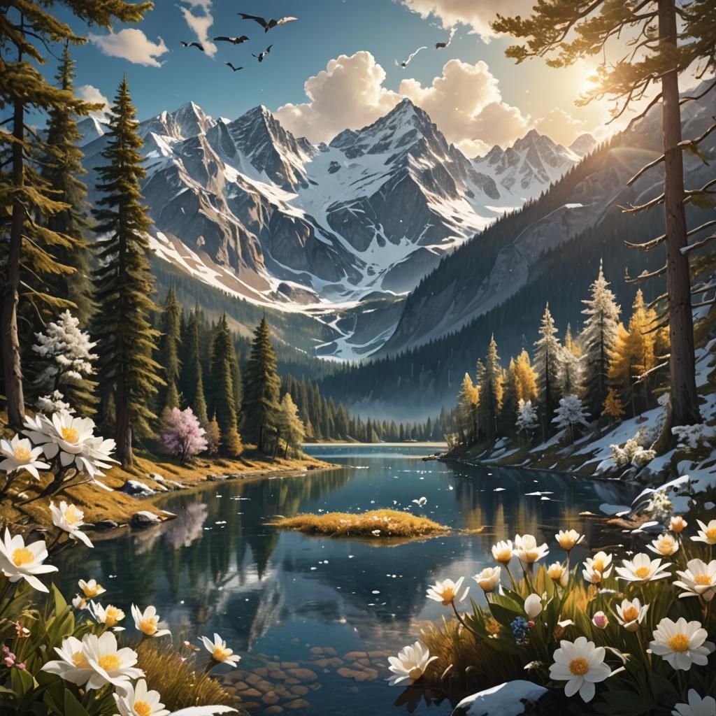 Snowy Mountains and Forest in Golden Light