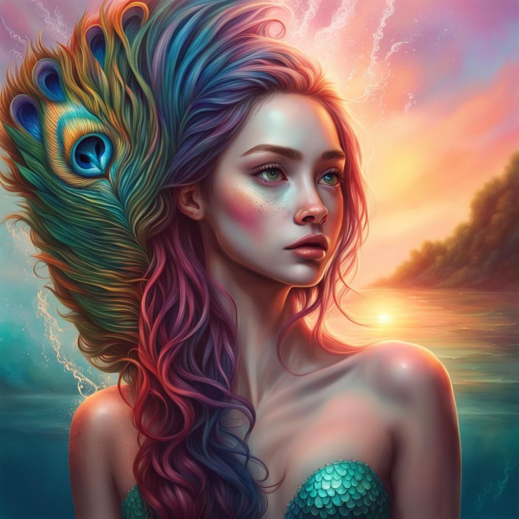 a sweet girl half peacock half mermaid - AI Generated Artwork ...