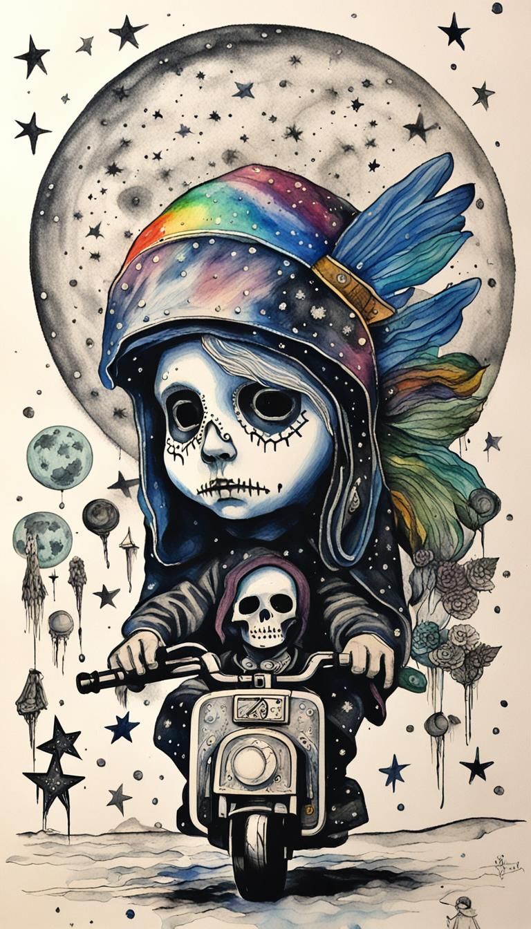 Holy Death, Mama  Muerte riding a  motorcycle  leads the wil...
