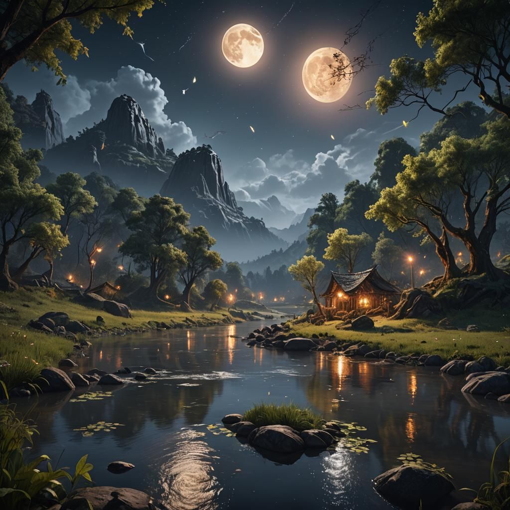 Hyper realistic valhala and river with many Firefly and a bi...