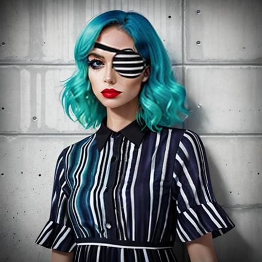 Portrait of gorgeous bluehaired woman wearing striped eyepatch and striped dress