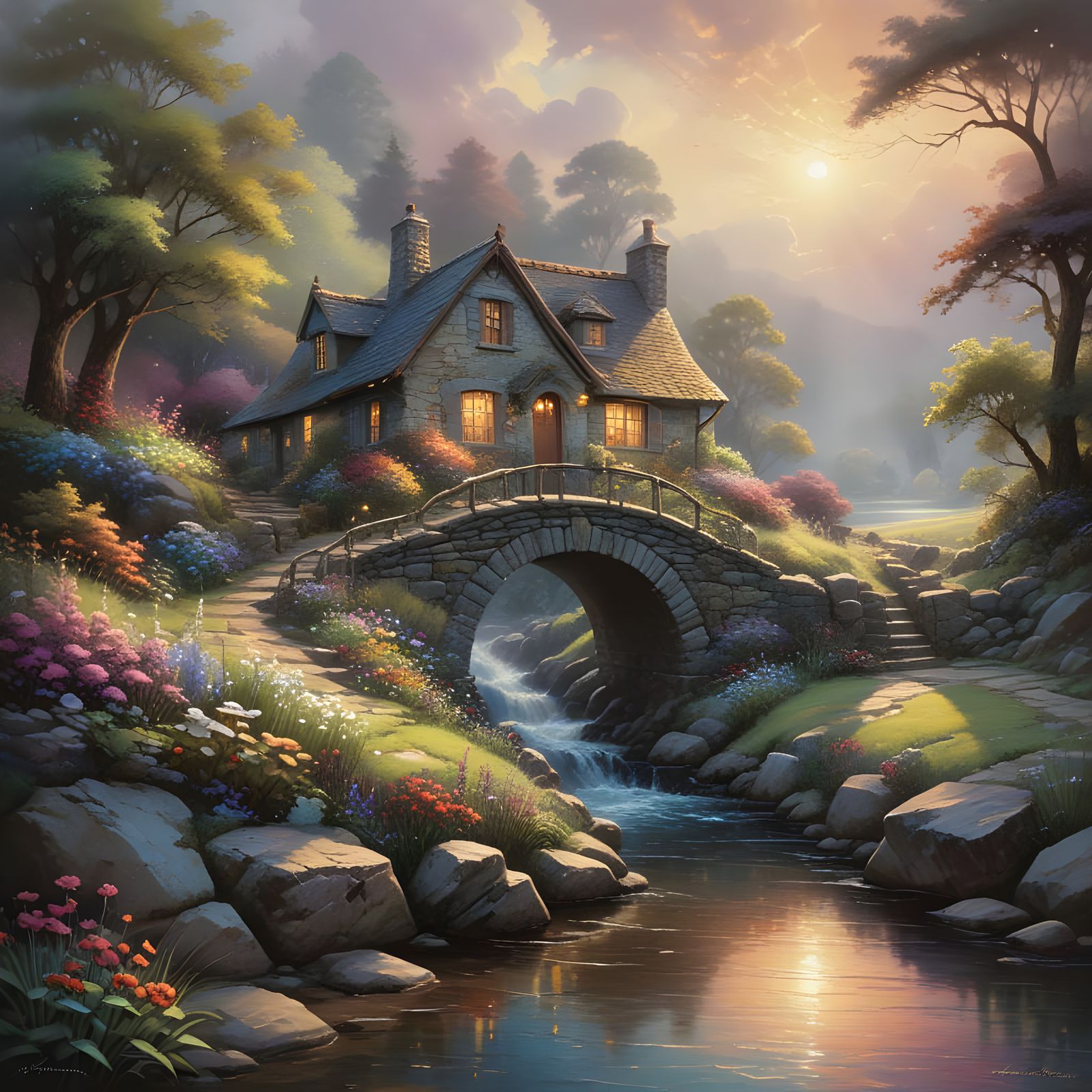 Vibrant Rainbow Flowers in Whimsical Cottage Scene, Alcohol ...