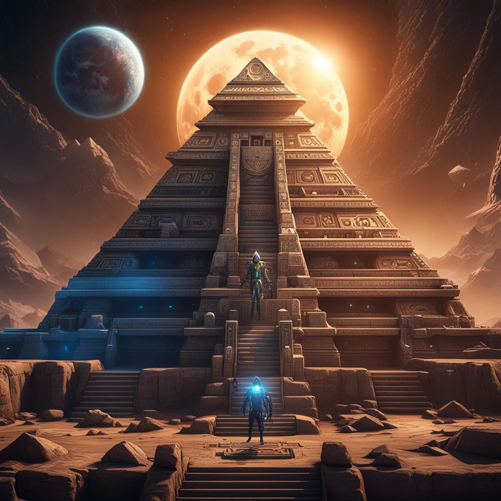 an aztec pyramid with a alien space ship on top. In the bott...
