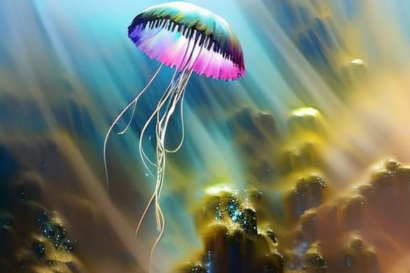 Jellyfish!! Mid shot of Colorful delicate jellyfish floating...