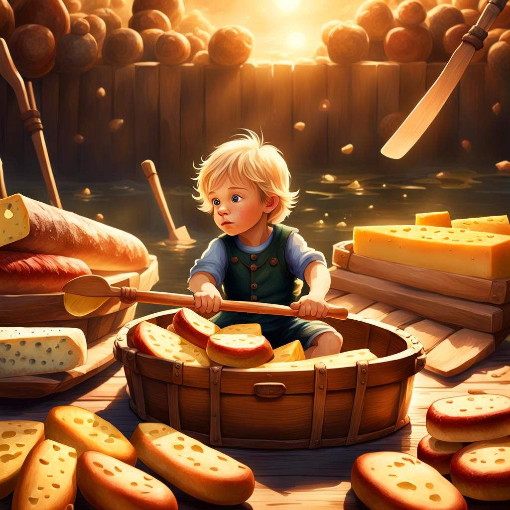 Boy Rows Cheese Boat with Sausages: Fantasy Art