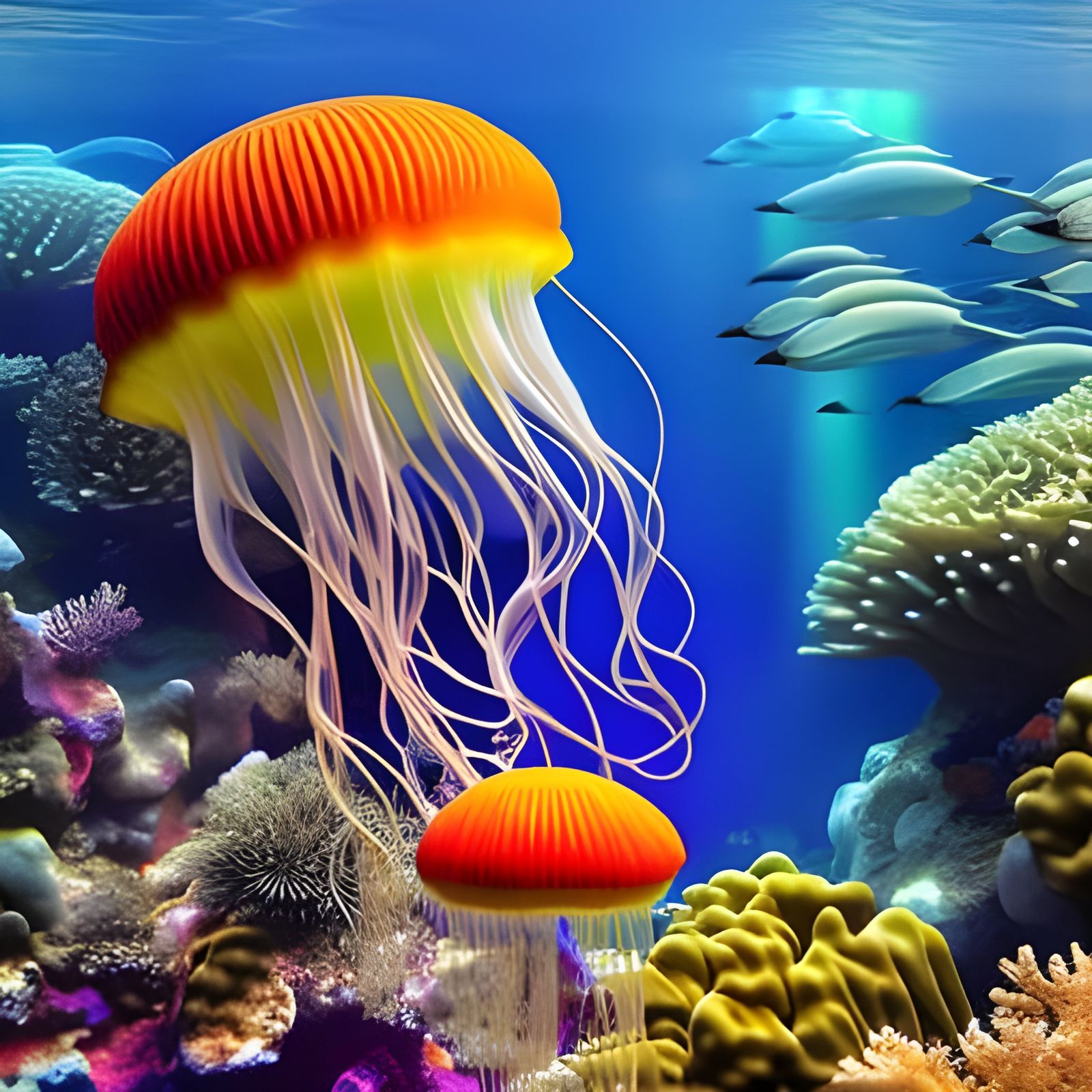 Majestic jellyfish, and beautiful coral reef