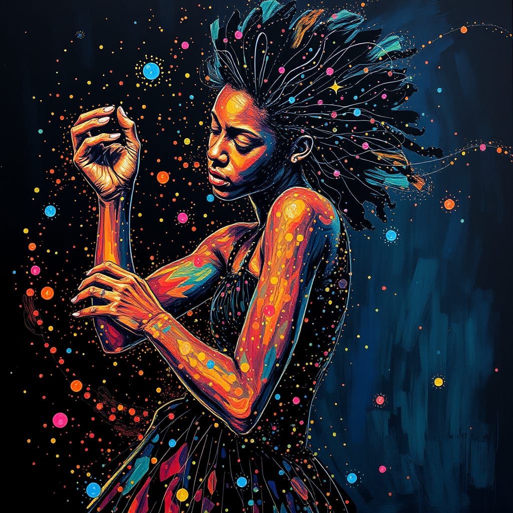 Kinetic Pointillism Tap Dancer Portrait - Moving, Energy In Motion, Hard Lighting, EXPRESSIVE LINEWORK, ...  by @Mason