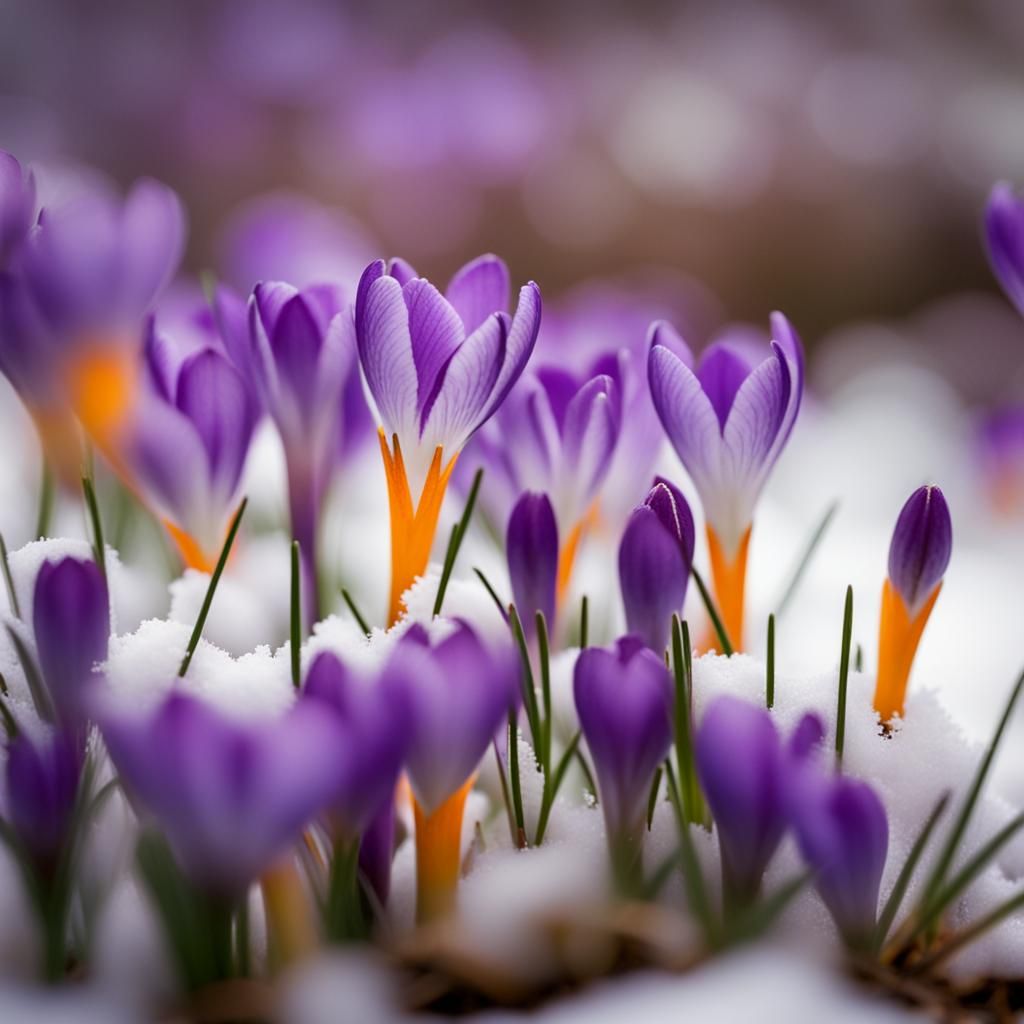 Glimpses of spring, a few crocuses popping up through snow,   by @Feebleeona