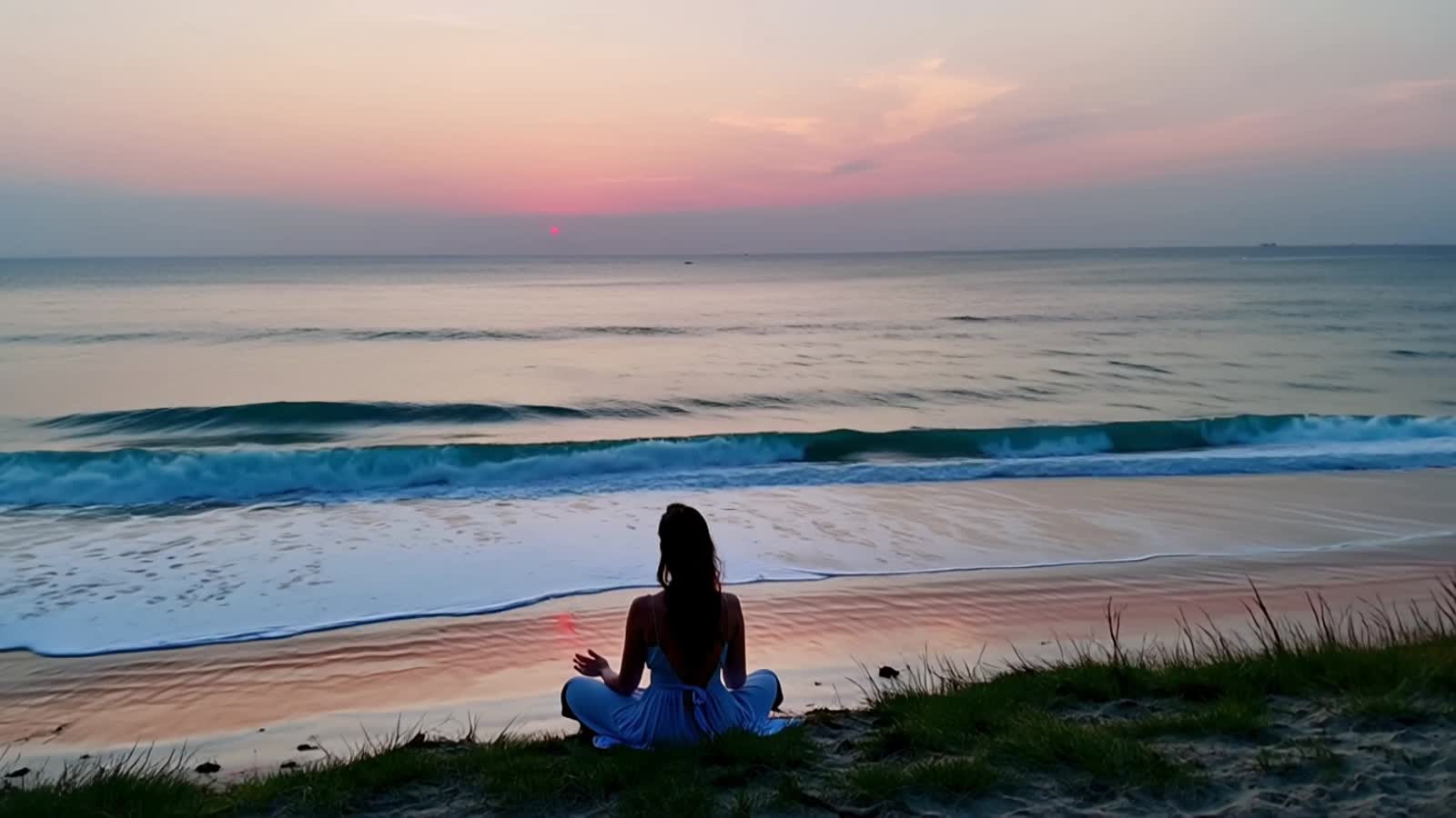 A serene woman sits in meditation on a tranquil beach at sunrise, her silhouette bathed in the soft golden glow of dawn....