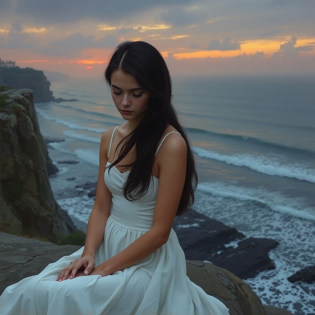 Contemplative Woman at Sunset: Evocative, Dreamlike Image