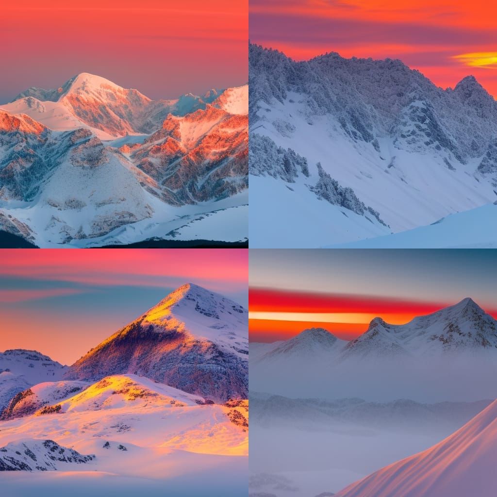 A colourful sunset over snow-covered mountain tops