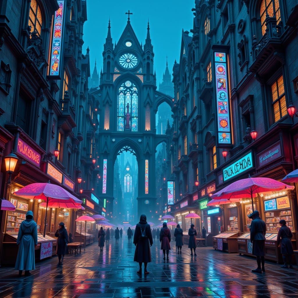 <lora:Faenyx:1.0> A vibrant, abstract interpretation of a bustling marketplace within a cyberpunk city, built upon the foundations of an anc...