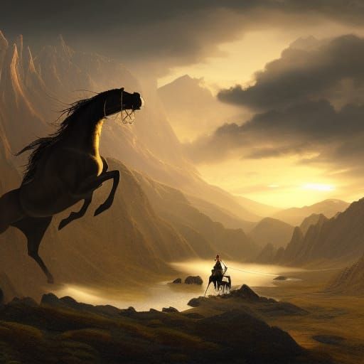 proud night on a black horse, golden rig, riding through mountains ...