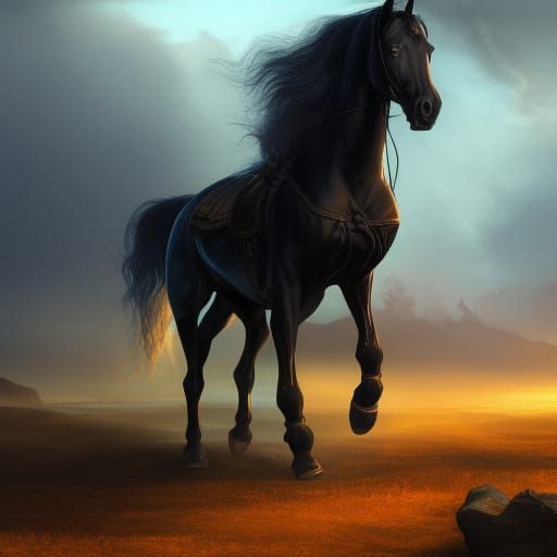 proud night on a black horse, golden rig, riding through mountains ...