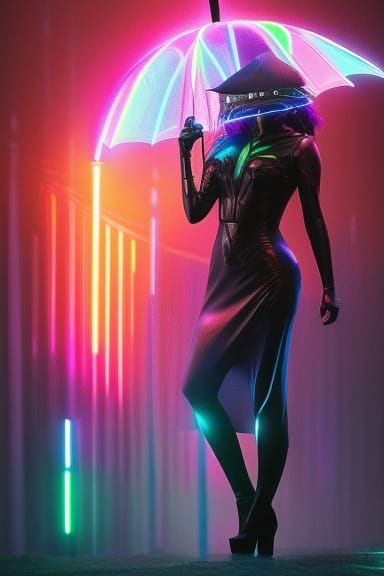 Portrait of cute cyborg sorceress with neon umbrella umbrell...