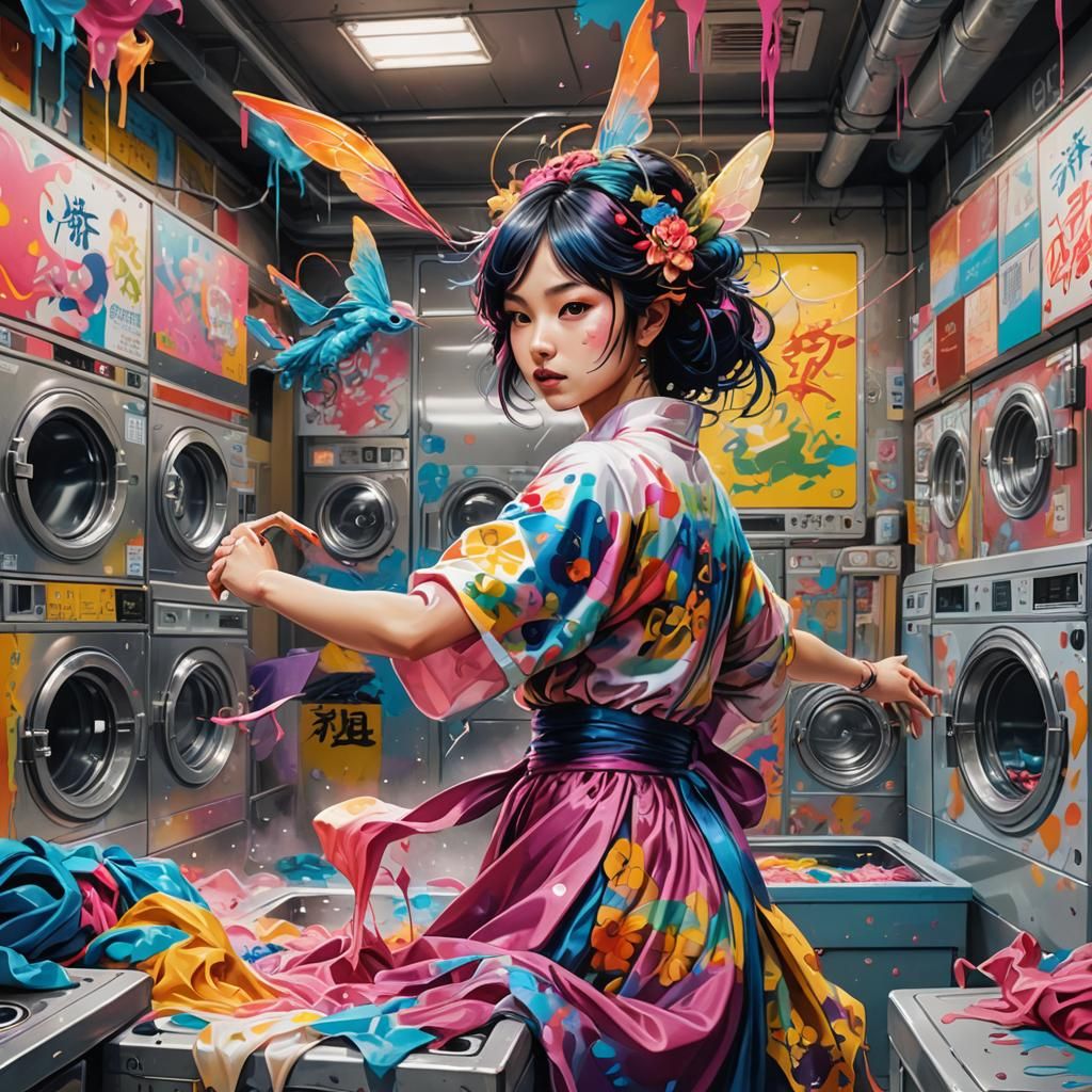 fairy, laundromat, fighting, ink on silk, saturated colors, ...
