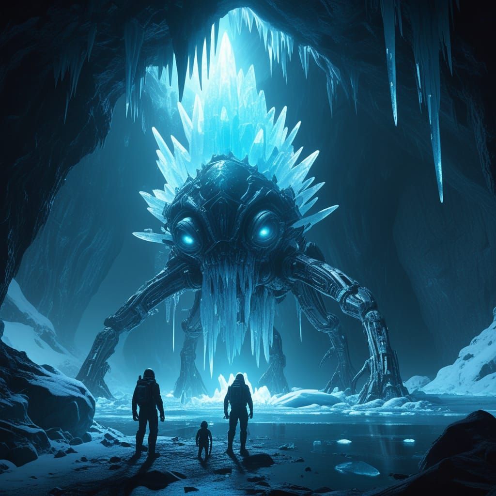 Imagine an explorer finding a giant ice crystal in a vast frozen cave with a frozen alien machine inside.
