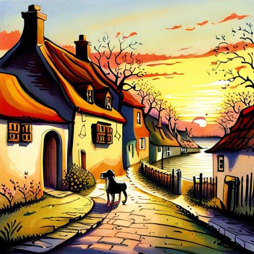 Dog's journey in a village