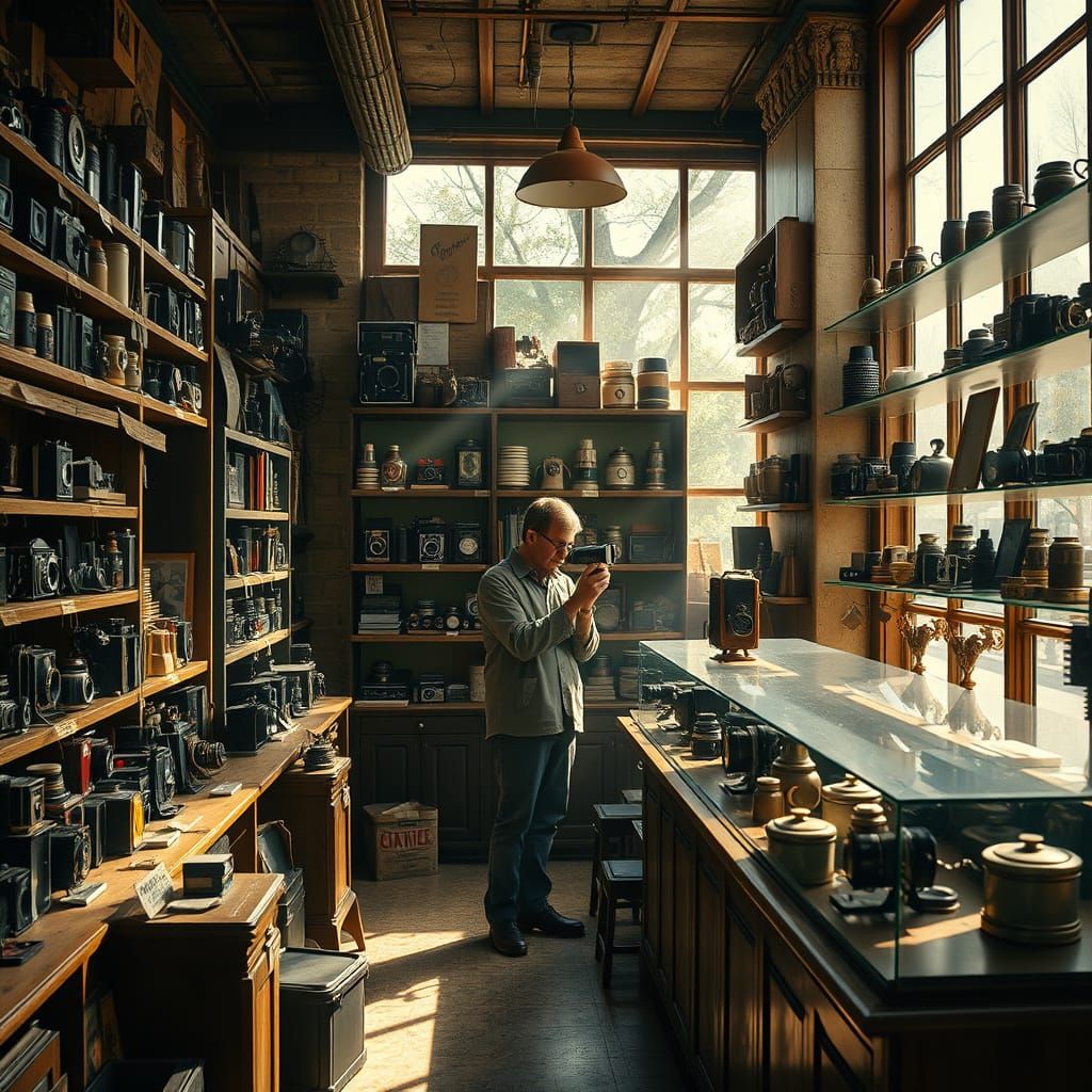 For World Photography Day, imagine a vintage camera shop filled with antique cameras, lenses, and photography ...  by @BulePanda