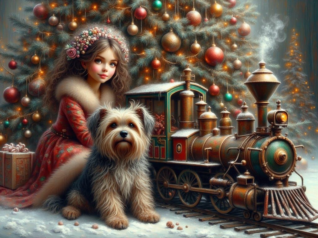 <lora:FiosXmasMagicWithMax:1.0> Hazel and her dog Pippin