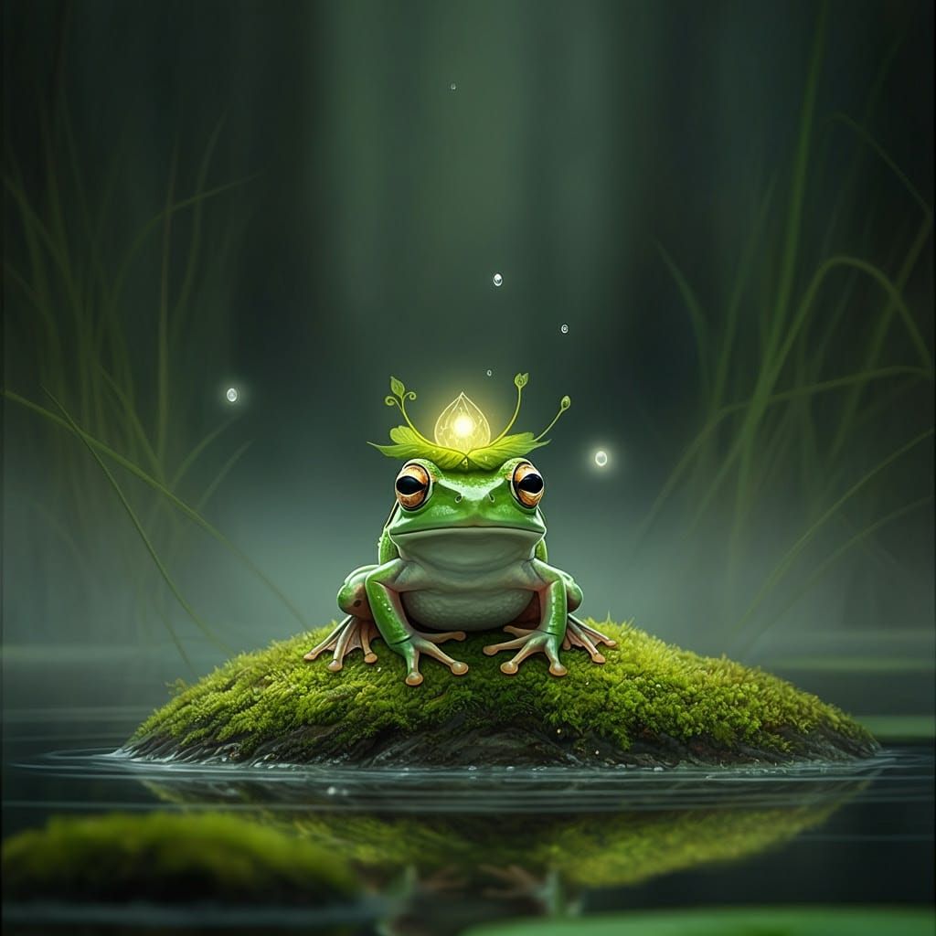 Frog with Leaf Crown in Misty Forest Pond