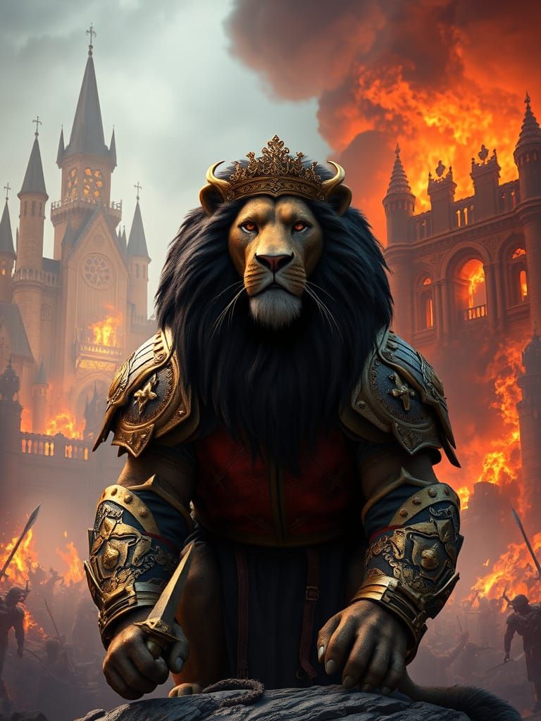 A CGI scene from "The Lion King" shows a badass black-maned lion in the middle of a medieval-looking city. The lion is front and center, whi...