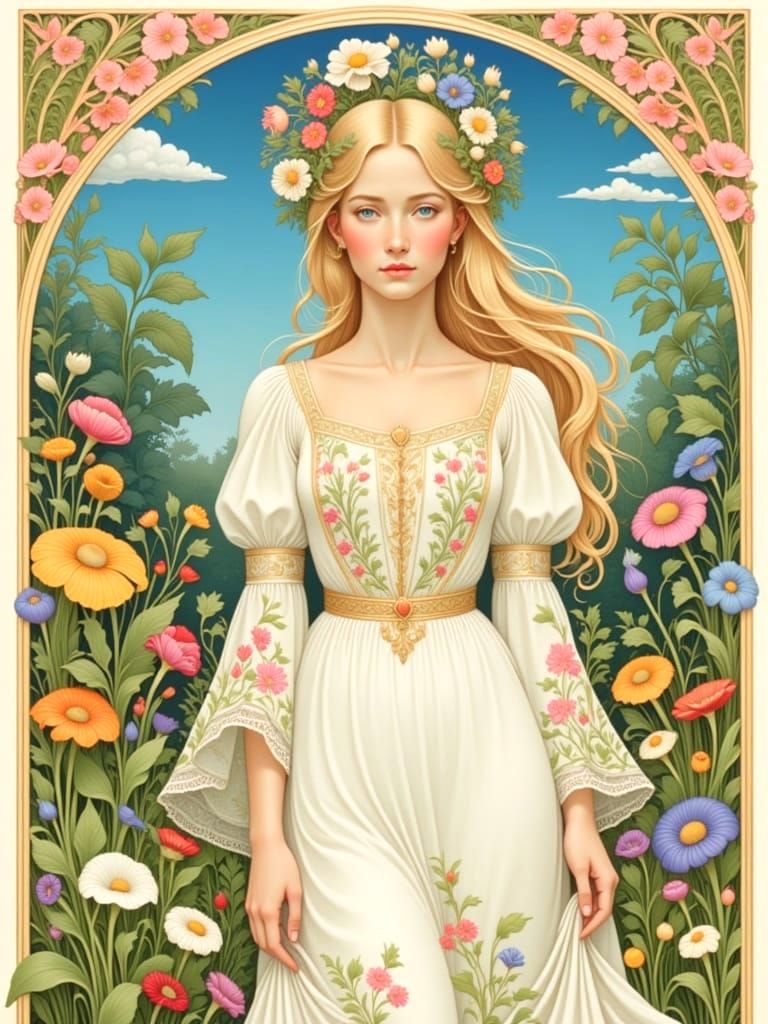 <lora:Bilibin:1.0>A blonde, blue eyed woman in a flower garden. decorative, illustration, border pattern, flowing lines 