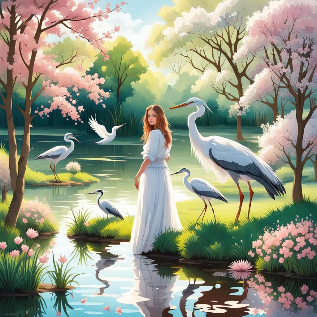 Beautiful woman friends with a heron in a sunny glade with a...