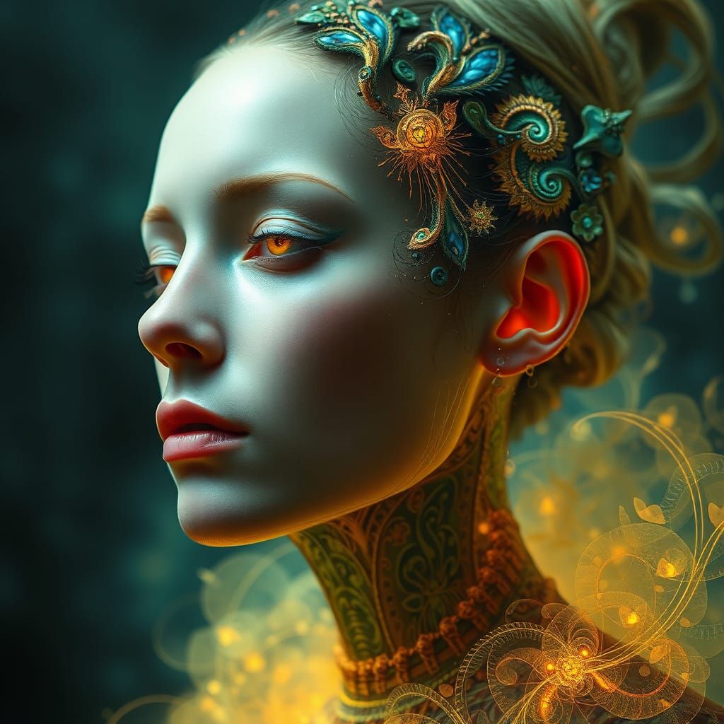 portrait, surreal SCIENTIST, composing mixed LUMINESCENT fractal BIOSUIT, Android Jones, Veronika Pinke ...  by @MarkMachine