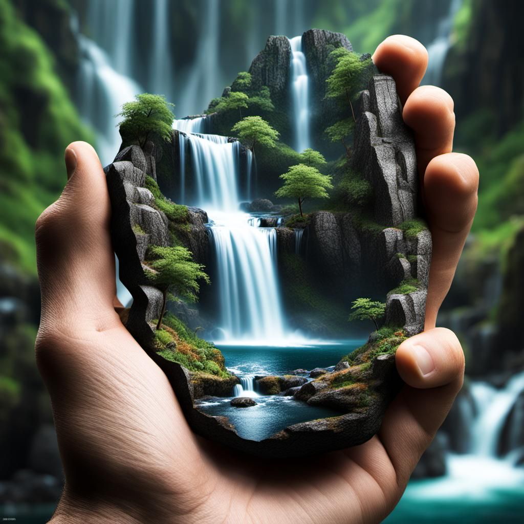 Waterfall scene inside a hand  by @Matt
