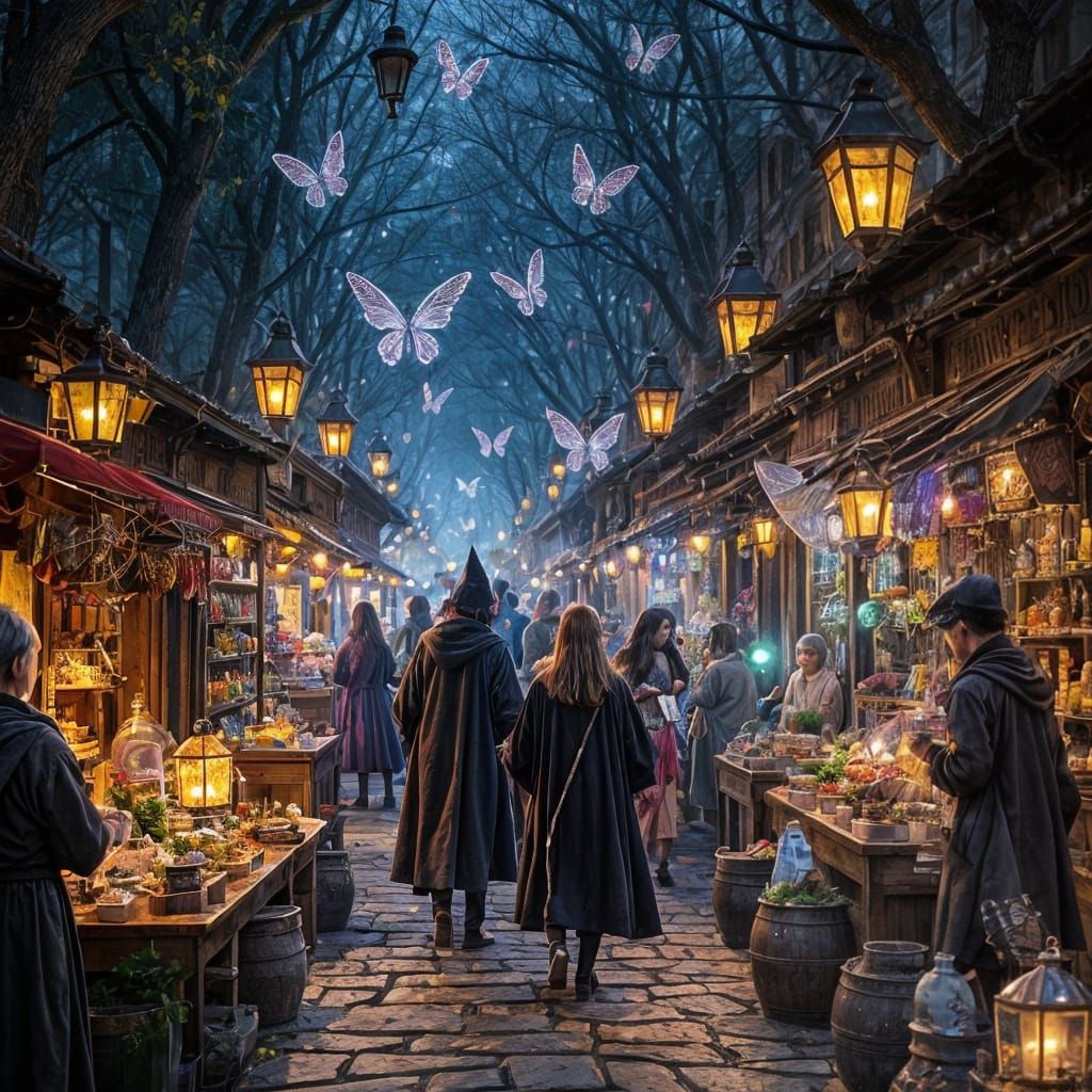 Night,A bustling magical marketplace filled with people of all kinds, from robed wizards to mysterious ...  by @Nyx