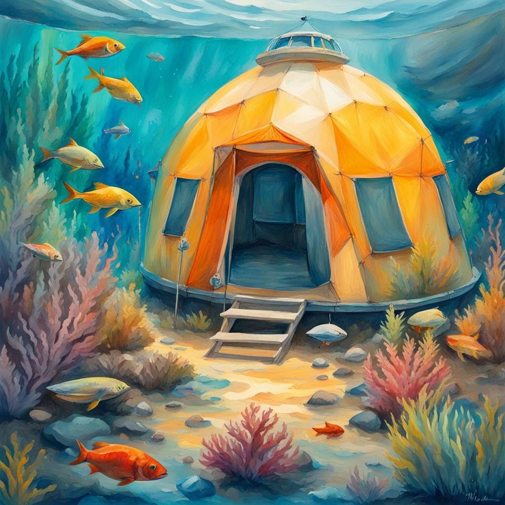 Colourful underwater scene with a watertight dome covering a...