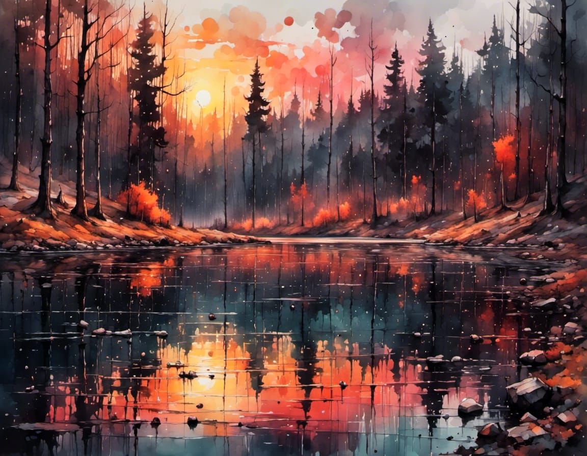 A lake with a sunset reflecting of the water, forest shore, <lora:Conception:1.0>