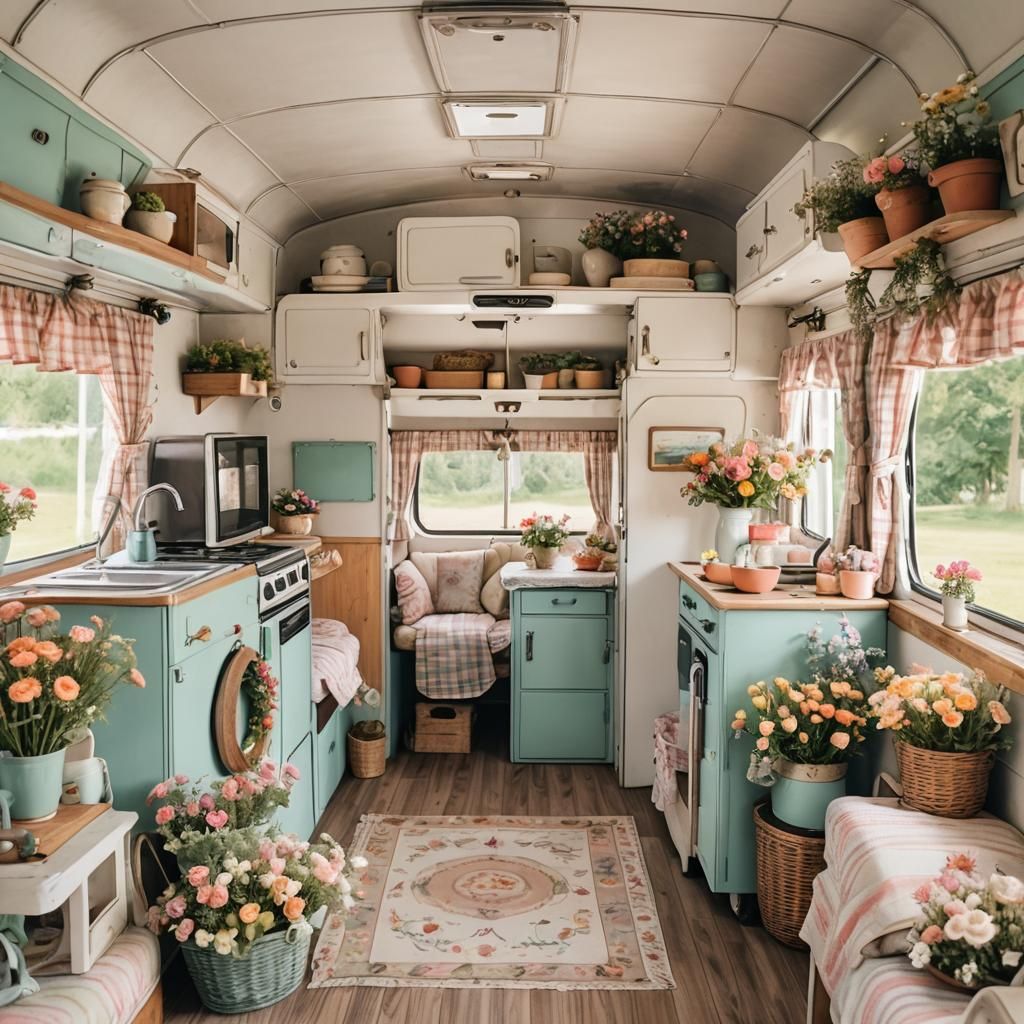 A cozy, vintage camper decorated with flowers and a welcomin...