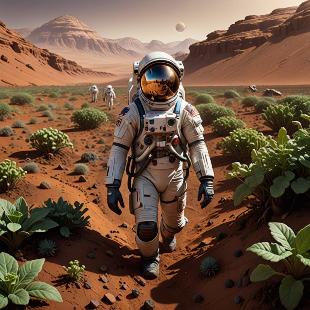 A mesmerizing realisttic astronaut is tending a huge garden on Mars,only vegetation on Mars, realism 