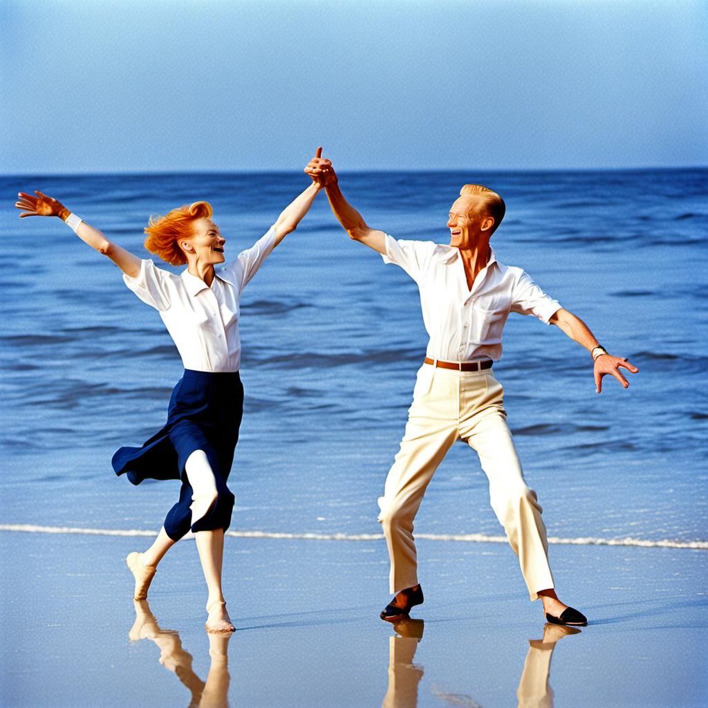 Tilda Swinton and Fred Astaire on the beach.