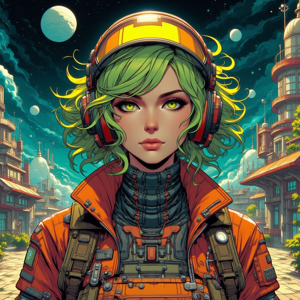 <lora:Studio Academia:1.0> city. Close up face shot, cinematic beautiful European woman in space travel outfit. anime cartoon. cell shaded.w...